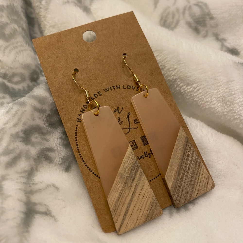 Light Peach Trapezoid Resin & Walnut Wood Earring